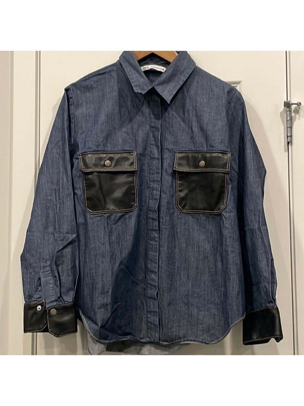EC Zara Denim / Faux Leather Button Down Shirt - Size XL